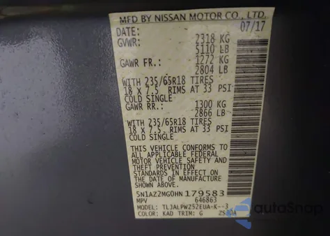 2017 Nissan Murano S z USA, uszkodzony, nr VIN 5N1AZ2MG0HN179583